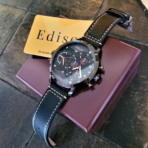Edison Men's Oversized Dual Time Zone Black Leather Watch - Picture 3 of 6